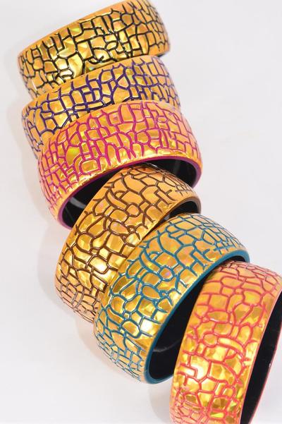 Bracelet Bangle Acrylic Holographic Gold Multi / 12 pcs = Dozen Gold , Size - 2.75" x 1.25" Dia Wide , 2 of each Pattern Asst , Hang Tag & Opp Bag & UPC Code