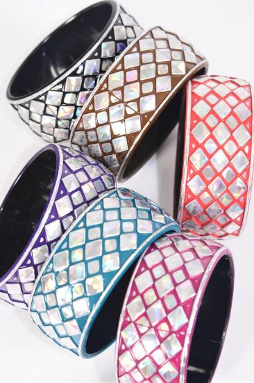 Bracelet Bangle Acrylic Holographic Silver Mix Multi / 12 pcs = Dozen Silver , Size - 2.75" x 1.25" Wide , 2 of each Pattern Asst , Hang Tag & OPP Bag & UPC Code