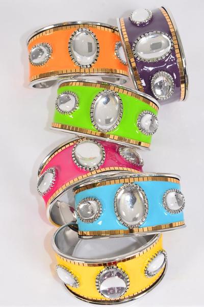Bracelet Bangle Cuff Enamel Clear Acrylic Stones Multi / 12 pcs = Dozen Size - H - 1.5" Wide , 2 of each Color Asst , Hang Tag & Opp Bag & UPC Code