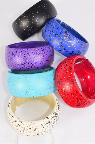 Bracelet Bangle Hinge Acrylic Speckle Multi / 12 pcs = Dozen Hinge , Size - 2.75" x 1.25" Wide , 2 of each Color Asst , Hang Tag & OPP bag & UPC Code -