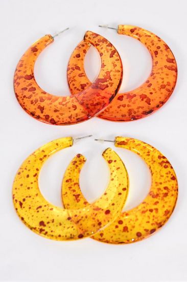 Earrings Acrylic Hoop Tortoise Amber Color Mix / 12 pair = Dozen  Post , Size - 2" Wide , 6 Amber , 6 Tortoise Mix , Earring Card & OPP Bag & UPC Code