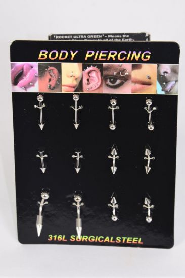 Body Piercing Asst Styles 316L Surgical Steel / 12 pcs = Dozen  Surgical Stee , Pr Mix Pattern , Individual Opp Bag & UPC Code