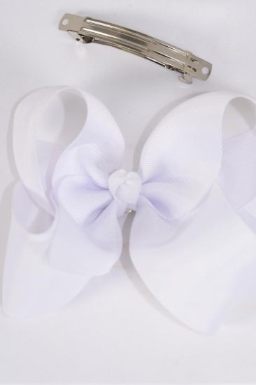 Hair Bow Jumbo White Grosgrain Bow-tie / 12 pcs Bow = Dozen White , French Clip - 3" Wide , Bow - 6" x 5" Wide , Clip Strip and UPC Code