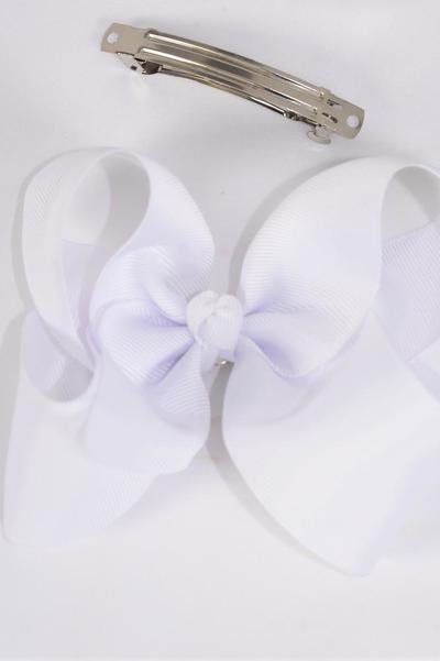 Hair Bow Jumbo White Grosgrain Bow-tie / 12 pcs Bow = Dozen White , French Clip - 3" Wide , Bow - 6" x 5" Wide , Clip Strip and UPC Code