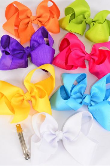 Hair Bow Jumbo Citrus Grosgrain Bow-tie / 12 pcs Bow = Dozen French Clip , Bow - 6" x 5" Wide , 2 White , 2 Turquoise , 2 Fuchsia , 2 Purple , 2 Orange , 1 Lime, 1 Yellow Colour Asst , Clip Strip & UPC Code