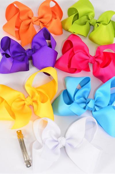 Hair Bow Jumbo Citrus Grosgrain Bow-tie / 12 pcs Bow = Dozen French Clip , Bow - 6" x 5" Wide , 2 White , 2 Turquoise , 2 Fuchsia , 2 Purple , 2 Orange , 1 Lime, 1 Yellow Colour Asst , Clip Strip & UPC Code