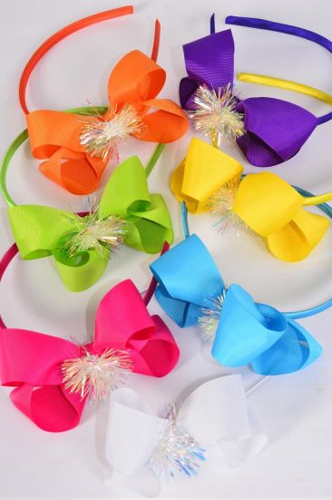 Headband Horseshoe Iridescent Grosgrain Bow-tie Citrus / 12 pcs = Dozen  Bow Size - 6" x 5" Wide , 2 White , 2 Fuchsia , 2 Purple , 2 Turquoise , 2 Yellow , 1 Lime , 1 Orange Color Asst , Hang Tag & OPP Bag & UPC Code