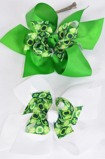 Hair Bow Jumbo Double Layered Clover Grosgrain Bow-tie / 12 pcs Bow = Dozen Alligator Clip , Size - 6" x 5" Wide , 6 of each Pattern Asst , Clip Strip & UPC Code