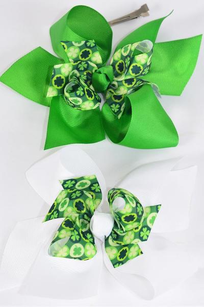 Hair Bow Jumbo Double Layered Clover Grosgrain Bow-tie / 12 pcs Bow = Dozen Alligator Clip , Size - 6" x 5" Wide , 6 of each Pattern Asst , Clip Strip & UPC Code