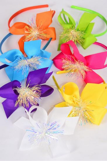 Headband Horseshoe Iridescent Grosgrain Bow-tie Citrus / 12 pcs = Dozen Bow Size - 6" x 5", 2 White , 2 Fuchsia , 2 Purple , 2 Blue , 2 Yellow , 1 Lime , 1 Orange Color Asst , Hang Tag & OPP Bag & UPC Code