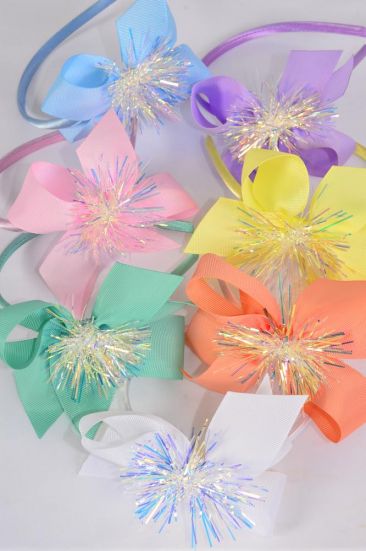 Headband Horseshoe Pom Pom Iridescent Grosgrain Bow-tie Pastel /12 pcs = Dozen  Bow Size - 6" x 5" Wide , 2 White , 2 Pink , 2 Yellow , 2 Lavender , 2 Blue , 1 Hot Pink , 1 Mint Green Color Mix , Hang Tag & OPP Bag & UPC Code