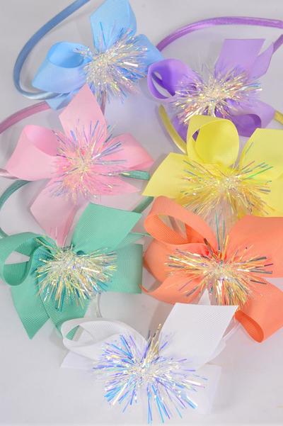 Headband Horseshoe Pom Pom Iridescent Grosgrain Bow-tie Pastel /12 pcs = Dozen  Bow Size - 6" x 5" Wide , 2 White , 2 Pink , 2 Yellow , 2 Lavender , 2 Blue , 1 Hot Pink , 1 Mint Green Color Mix , Hang Tag & OPP Bag & UPC Code