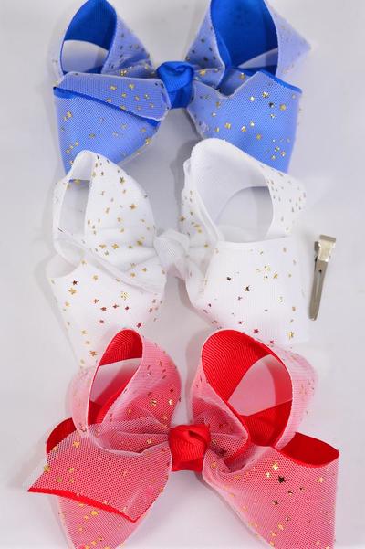 Hair Bow Jumbo Double Layered Patriatic Metallic Stars Grosgrain Bow-tie / 12 pcs Bow = Dozen Alligator Clip , Size - 6" x 5" Wide , 4 Red , 4 White , 4 Royal Blue Color Asst , Clip Strip & UPC Code