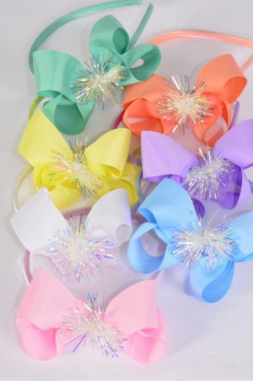 Headband Horseshoe Iridescent Grosgrain Bow-tie Pastel / 12 pcs = Dozen Bow Size - 6" x 5" Wide , 2 White , 2 Pink , 2 Yellow , 2 Lavender , 2 Blue , 1 Peach , 1 Mint Green Color Mix , Hang Tag & OPP Bag and UPC Code