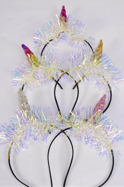 Headband Horseshoe Unicorn Horn Iridescent Multi / 12 pcs  = Dozen Unicorn - 3" x 1.25" Wide , 4 Multi , 2 Gold , 2 Silver , 2 Pink , 2 Fuchsia Asst , OPP Bag and UPC Code