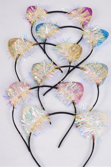 Headband Horseshoe Cat Kitty Ears Iridescent Pastel / 12 pcs Bow = Dozen Color - 2 White , 2 Pink , 2 Yellow , 2 Lavender , 2 Blue , 1 Hot Pink , 1 Mint Green Color Mix , Hang Tag and OPP Bag and UPC Code
