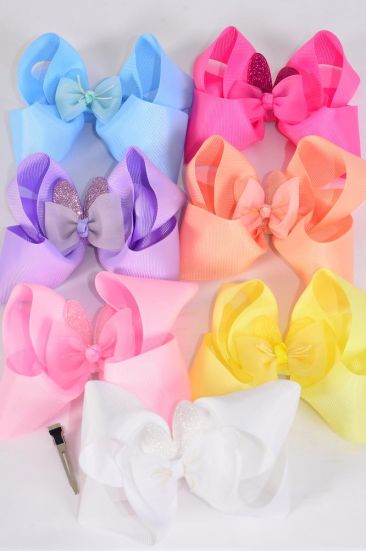 Hair Bow Jumbo Double Layered Bunny Ears Grosgrain Bow-tie Pastel / 12 pcs Bow = Dozen Alligator Clip , Size - 6" x 5", 2 White , 2 Baby Pink , 2 Lavender , 2 Blue , 2 Yellow , 1 Peach, 1 Hot Pink Color Asst , Clip Strip and UPC Code