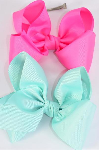 Hair Bow Extra Jumbo Cheer Type Bows Hot Pink & Aqua Mix Grosgrain Bow-tie / 12 pcs Bow = Dozen  Alligator Clip , Size - 8" x 7" Wide ,  6 Hot Pink , 6 Aqua Color Asst , Clip Strip & UPC Code