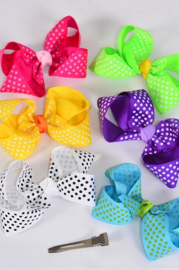Hair Bow Mini Polka Dots Grosgrain Bow-tie Citrus / 12 pcs Bow = Dozen Alligator Clip , Size - 3" x 2" Wide , 2 of each Pattern Asst , Clip Strip & UPC Code