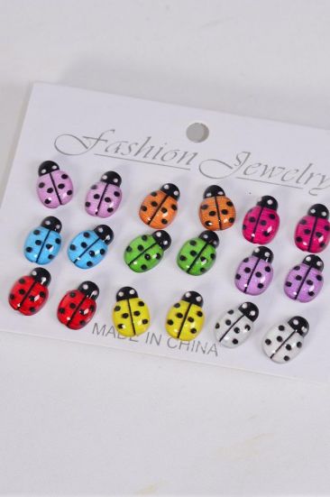 Earrings 9 pair Ladybugs Multi / 12 card = Dozen Post , Earring Card & OPP Bag & UPC Code