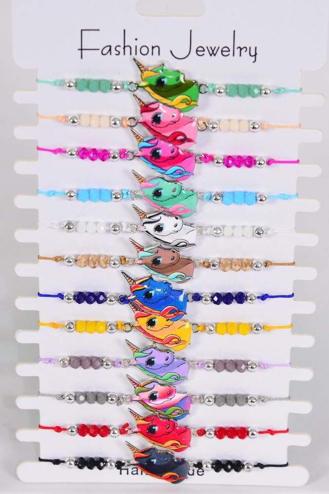 Bracelet Enamel Unicorn Multi/DZ **Adjustable** 12 Color Mix,Hang tag