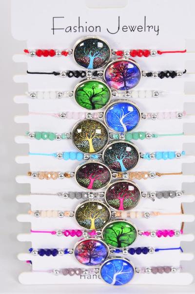 Bracelet Enamel Tree Of Life Multi / 12 pcs = Dozen Pull-String , Adjustable , 12 Color Mix , Hang tag & OPP Bag & UPC Code , 1 Dozen per Card