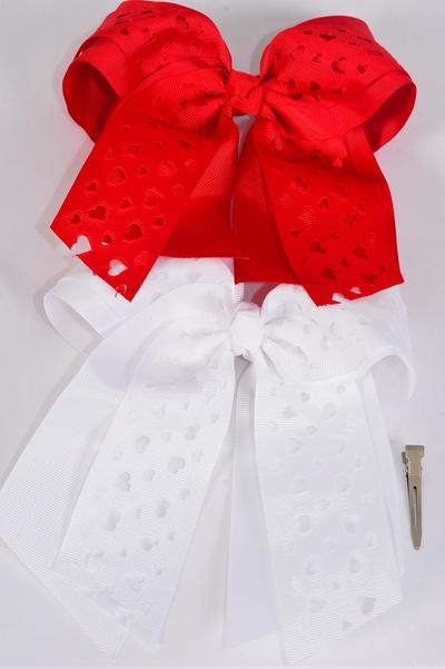 Hair Bow Extra Jumbo Long Tail Cheer Type Bow Double Layered Heart Grosgrain Bow-tie Red White Mix / 12 pcs Bow = Dozen  Alligator Clip , Size - 6.5" x 6" Wide , 6 Red , 6 White Asst , Clip Strip & UPC Code