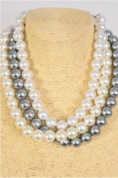 Necklace Sets 10 mm Glass Pearls White Cream Gray Mix /  12 pcs = Dozen Size-18" Extension Chain , Earring-10 MM w Fish Hook , 4 White , 4 Cream , 4 Gray Color Asst,Hang Tag & OPP Bag & UPC Code