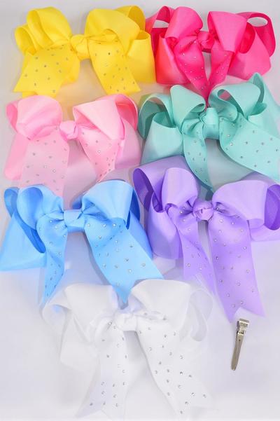 Hair Bow Jumbo Double Layered Bow Iridescent Studded Grosgrain Bow-tie Pastel / 12 pcs Bow = Dozen  Alligator Clip , Size-6" x 5" Wide , 2 White , 2 Baby Pink , 2 Lavender , 2 Hot Pink , 2 Mint , 1 Blue , 1 Yellow Color Asst , Clip Strip & UPC Code