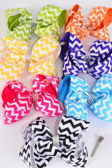 Hair Bow Jumbo Chevron Pattern Mix Multi Grosgrain Bow-tie / 12 pcs Bow = Dozen Alligator Clip , Size - 6" x 5" Wide , 2 Fuchsia , 2 Blue , 2 Yellow , 2 Purple , 2 White , 1 Lime , 1 Orange Color Mix , Clip Strip & UPC Code