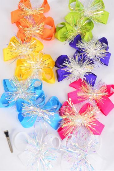 Hair Bow 24 pcs Iridescent Grosgrain Bow-tie Citrus / 12 pair Bow = Dozen  Alligator Clip , Size - 3.5" x 2.5" , 2 Blk , 2 White , 2 Fuchsia , 2 Yellow , 1 Purple , 1 Blue , 1 Lime , 1 Orange Color mix , Clip Strip & UPC Code
