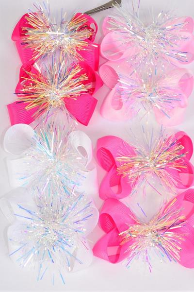 Hair Bow 24 pcs Iridescent Grosgrain Bow-tie Pink Mix / 12 pair Bow = Dozen Alligator Clip , Size - 3.5" x 2.5" Wide , 3 White , 3 Pearl Pink , 3 Hot Pink , 3 Fuchsia Color Asst , Clip Strip & UPC Code