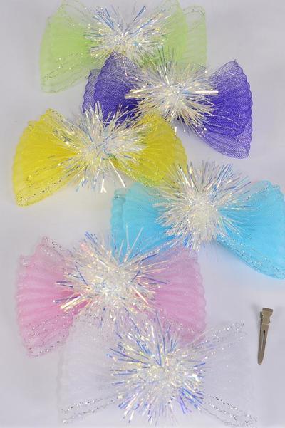 Hair Bow Jumbo Iridescent Grosgrain Bow-tie Pastel / 12 pcs Bow = Dozen Alligator Clip , Size - 6" x 4" Wide , 2 of each Color Asst , Clip Strip & UPC Code