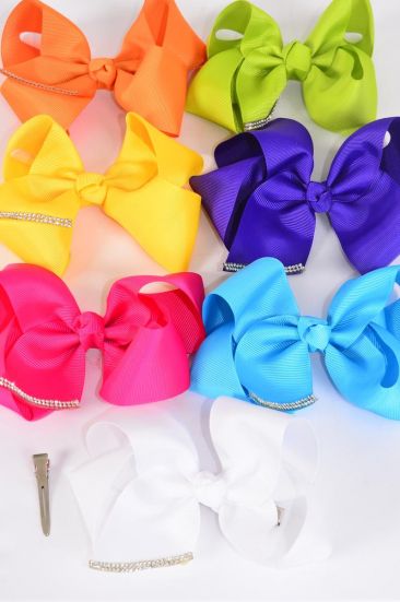 Hair Bow Jumbo Clear Stones Citrus Mix Grosgrain Bow-tie / 12 pcs Bow = Dozen Citrus , Alligator Clip , Size - 6" x 5" Wide , 2 White , 2 Blue , 2 Fuchsia , 2 Yellow , 2 Purple , 1 Lime , 1 Orange Mix ,Clip Strip & UPC Code