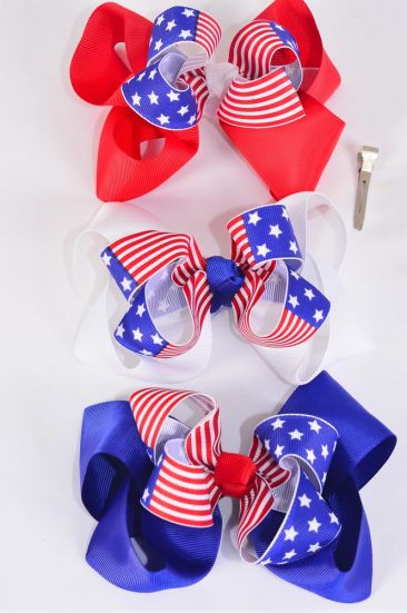Hair Bow Jumbo Patriotic Flag Grosgrain Bow-tie / 12 pcs Bow = Dozen  Alligator Clip , Bow-6"x 5" Wide , 4 of each Pattern Asst , Clip Strip & UPC Code