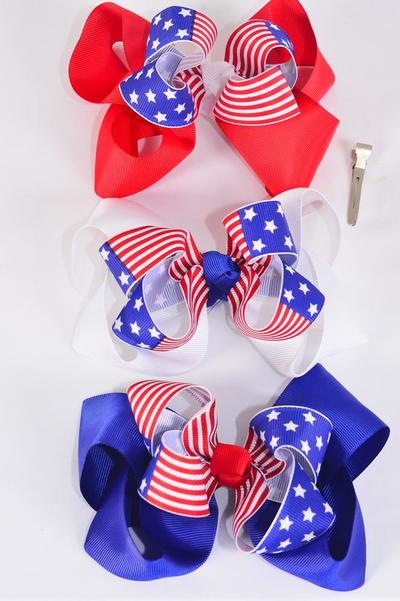 Hair Bow Jumbo 4th of July Patriotic Flag Grosgrain Bow-tie / 12 pcs Bow = Dozen Alligator Clip , Bow-6"x 5" Wide , 4 of each Pattern Asst , Clip Strip & UPC Code