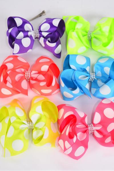 Hair Bow Jumbo Polka dots Caribbean Neon Grosgrain Bow-tie / 12 pcs Bow = Dozen  Alligator Clip , Size - 6" x 5" Wide , 2 of each Color Asst , Clip Strip and UPC Code