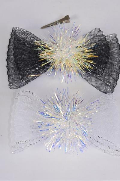 Hair Bow Jumbo Iridescent Grosgrain Bow-tie Black White Mix / 12 pcs Bow = Dozen Alligator Clip , Size - 6" x 4" Wide , 6 Black , 6 White Color Asst ,Clip Strip & UPC Code
