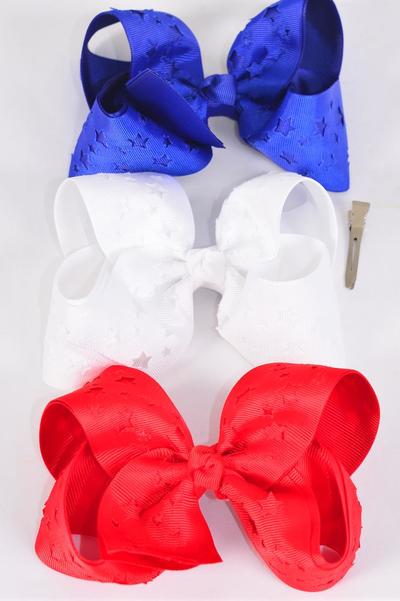 Hair Bow Jumbo Double Layered Patriotic Grosgrain Bow-tie / 12 pcs Bow = Dozen Alligator Clip , Bow - 6" x 5" Wide , 4 White , 4 Red , 4 Blue Color Mix , Clip Strip & UPC Code