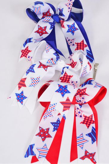 Hair Bow Large Long Tail Double Layered Patriotic Grosgrain Bow-tie / 12 pcs Bow = Dozen Alligator Clip , Bow - 6.5" x 6" Wide , 4 Of Each Pattern Asst , Clip Strip & UPC Code