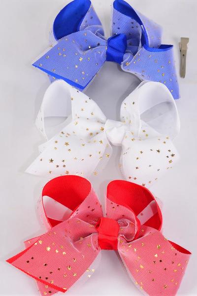 Hair Bow Jumbo Double Layered Patriatic Metallic Stars Grosgrain Bow-tie / 12 pcs Bow = Dozen Alligator Clip , Size - 6" x 5" Wide , 4 Red , 4 White , 4 Royal Blue Color Asst , Clip Strip & UPC Code