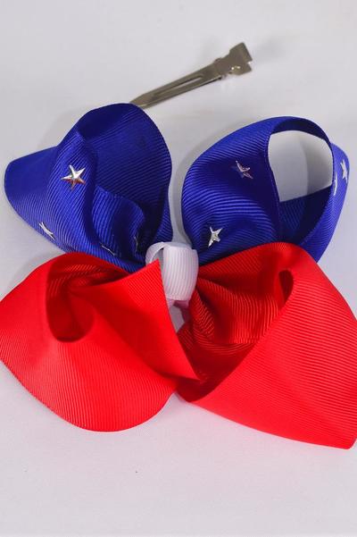 Hair Bow Jumbo Star Studded Patriotic Stars Grosgrain Bow-tie / 12 pcs Bow = Dozen Alligator Clip , Bow - 6" x 6" Wide , Clip Strip & UPC Code