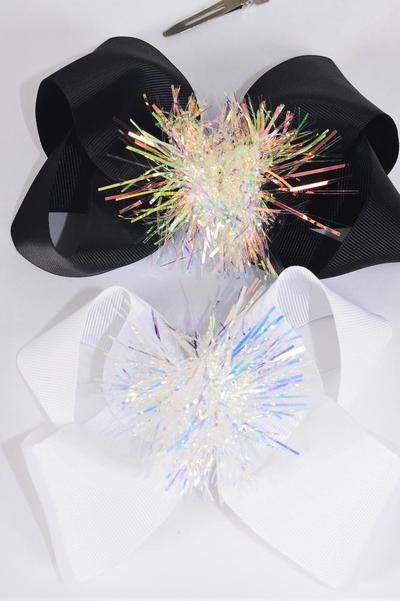Hair Bow Jumbo Iridescent Grosgrain Bow-tie Black White Mix / 12 pcs Bow = Dozen Alligator Clip , Size - 6" x 5" Wide , 6 Black , 6 White Color Asst , Clip Strip & UPC Code