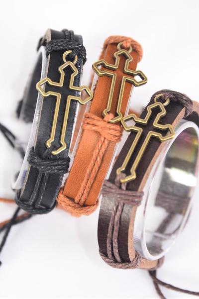 Bracelet Real Leather Band Gold Sideways Open Cross / 12 pcs = Dozen  Unisex , Cross Size - 1.75" x 0.75" Wide , 4 of each Color Asst , Hang Tag & OPP Bag & UPC Code
