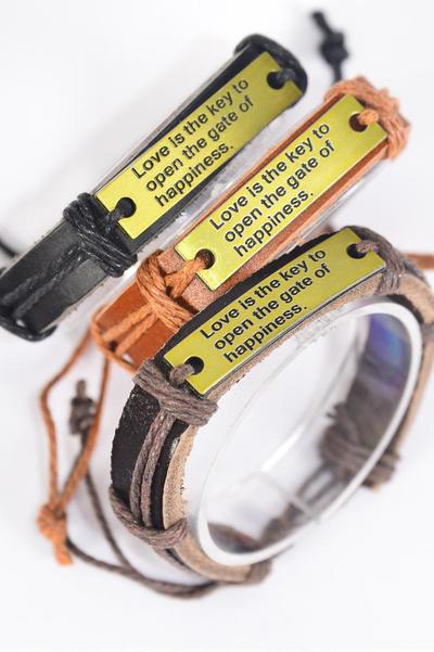Bracelet Real Leather Band Bilbe Verse Love is the Key to ... Gold / 12 pcs = Dozen Unisex , Adjustable , 4 of each Pattern Mix , Individual Hang tag & OPP Bag & UPC Code