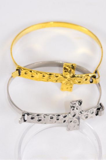 Bracelet Metal Side Way Cross Flexible Gold Silver Mix / 12 pcs = Dozen Flexible , Cross Size - 2.5" x 1" Wide , 6 Gold , 6 Silver Asst , Hang Tag & OPP Bag & UPC Code 