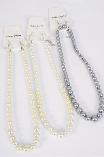 Necklace Sets Graduate From 8 to 14 mm Glass Pearls White Cream Gray Mix/  12 pcs = Dozen 20" Long , 4 white , 4 Beige , 4 Gray Color Mix , Hang Tag & Opp bag & UPC Code