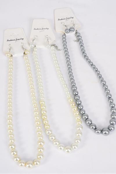 Necklace Sets Graduate From 8 to 14 mm Glass Pearls White Cream Gray Mix/  12 pcs = Dozen 20" Long , 4 white , 4 Beige , 4 Gray Color Mix , Hang Tag & Opp bag & UPC Code