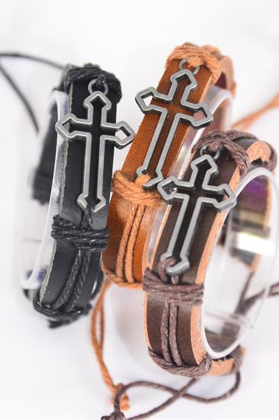 Bracelet Real Leather Band Silver Sideways Open Cross / 12 pcs = Dozen Unisex , Cross Size - 1.75" x 0.75" Wide , 4 of each Color Asst , Hang Tag & OPP Bag & UPC Code