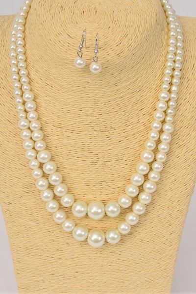 Necklace Sets Graduated From 8 to 14 mm Glass Pearls Cream Pearls / 12 pcs = Dozen Cream , 20" Long , Hang Tag & Opp Bag & UPC Code